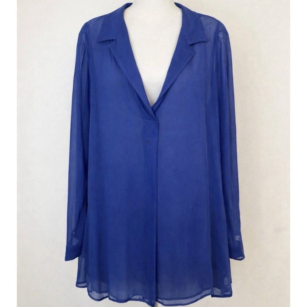 Soft Surroundings Women’s PL 100% Silk Sheer Blouse Top Royal Blue Long Sleeve